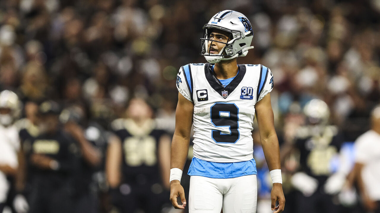 NEW ORLEANS, LA - SEPTEMBER 08: Bryce Young #9 of the Carolina Panthers looks on from the field during an NFL football game against the New Orleans Saints at Caesars Superdome on September 8, 2024 in New Orleans, Louisiana.