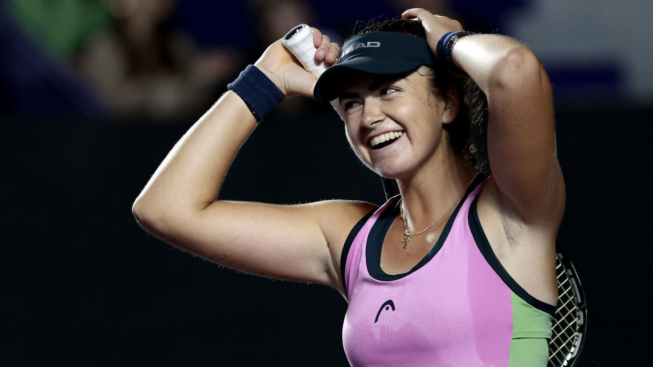 Canada's Marina Stakusic reacts after beating Latvia's Jelena Ostapenko at the WTA 2024 women's singles quarterfinal match in Zapopan, Mexico, on September 12, 2024.