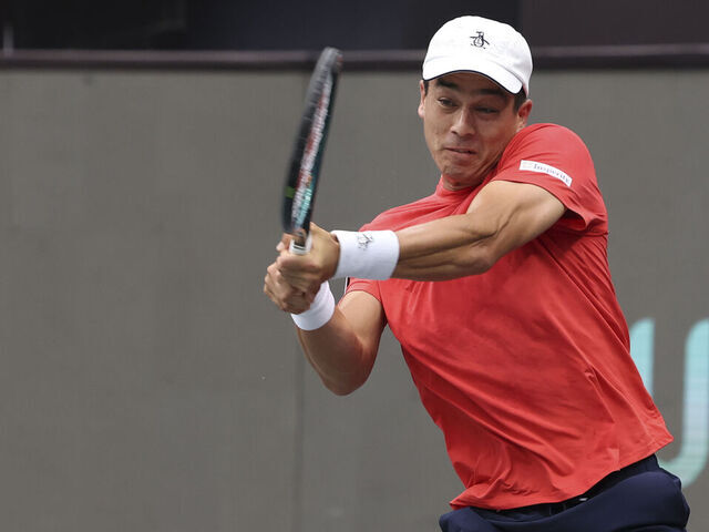 ZHUHAI, CHINA - SEPTEMBER 13: Mackenzie Mcdonald of the United States in action during the 2024 Davis Cup Finals Group Stage against Lukas Klein of Slovakia at Hengqin International Tennis Center on September 13, 2024 in Zhuhai, China.