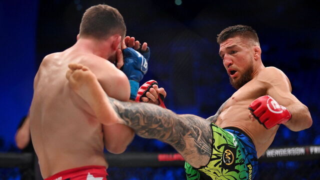 Dublin , Ireland - 25 February 2023; Yaroslav Amosov, right, in action against Logan Storley during their welterweight title bout at Bellator 291 in the 3 Arena, Dublin.
