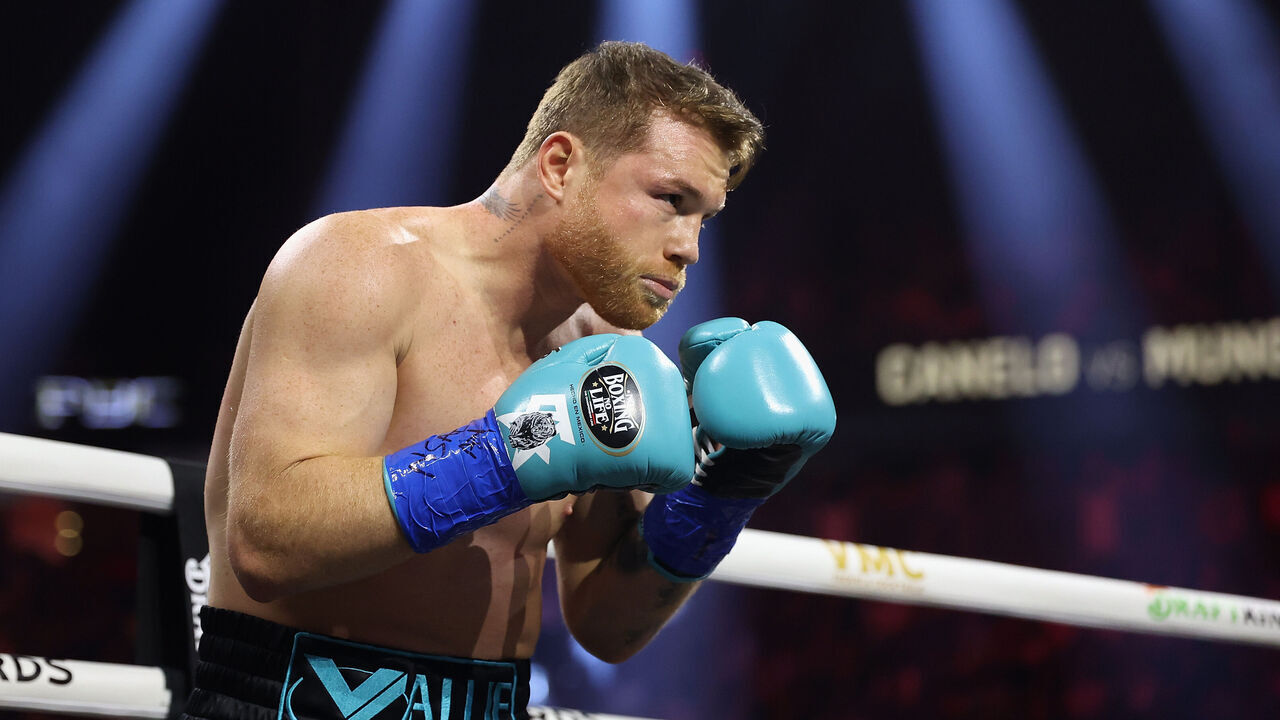 LAS VEGAS, NEVADA - MAY 04: Canelo Alvarez fights Jaime Munguia during their undisputed super middleweight championship fight at T-Mobile Arena on May 04, 2024 in Las Vegas, Nevada. Alvarez retained his titles in a unanimous decision.