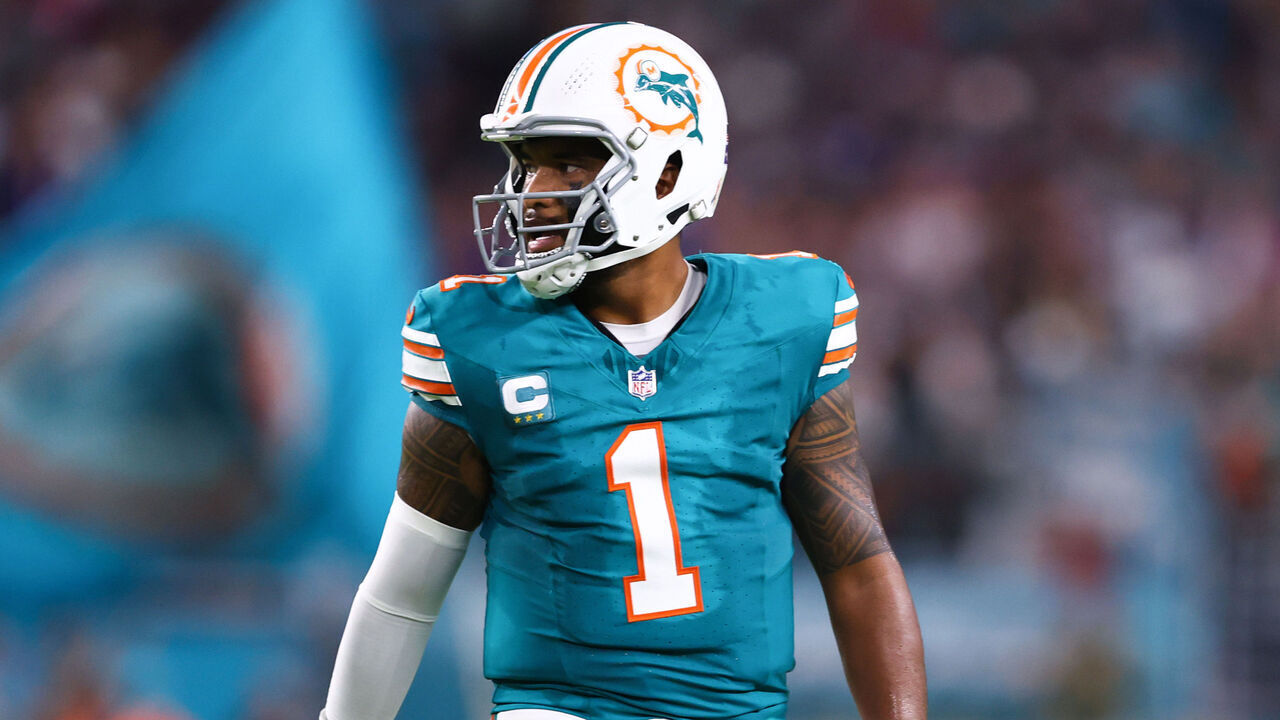 MIAMI GARDENS, FLORIDA - SEPTEMBER 12: Tua Tagovailoa #1 of the Miami Dolphins looks on against the Buffalo Bills during the first quarter of the game at Hard Rock Stadium on September 12, 2024 in Miami Gardens, Florida.
