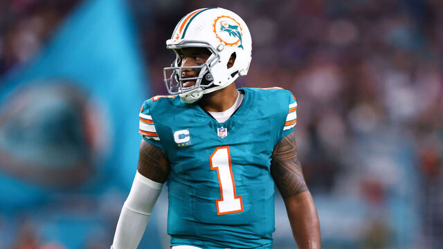 MIAMI GARDENS, FLORIDA - SEPTEMBER 12: Tua Tagovailoa #1 of the Miami Dolphins looks on against the Buffalo Bills during the first quarter of the game at Hard Rock Stadium on September 12, 2024 in Miami Gardens, Florida.