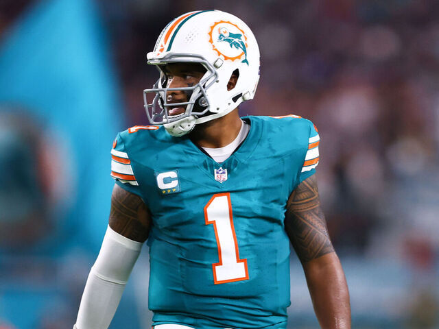 MIAMI GARDENS, FLORIDA - SEPTEMBER 12: Tua Tagovailoa #1 of the Miami Dolphins looks on against the Buffalo Bills during the first quarter of the game at Hard Rock Stadium on September 12, 2024 in Miami Gardens, Florida.