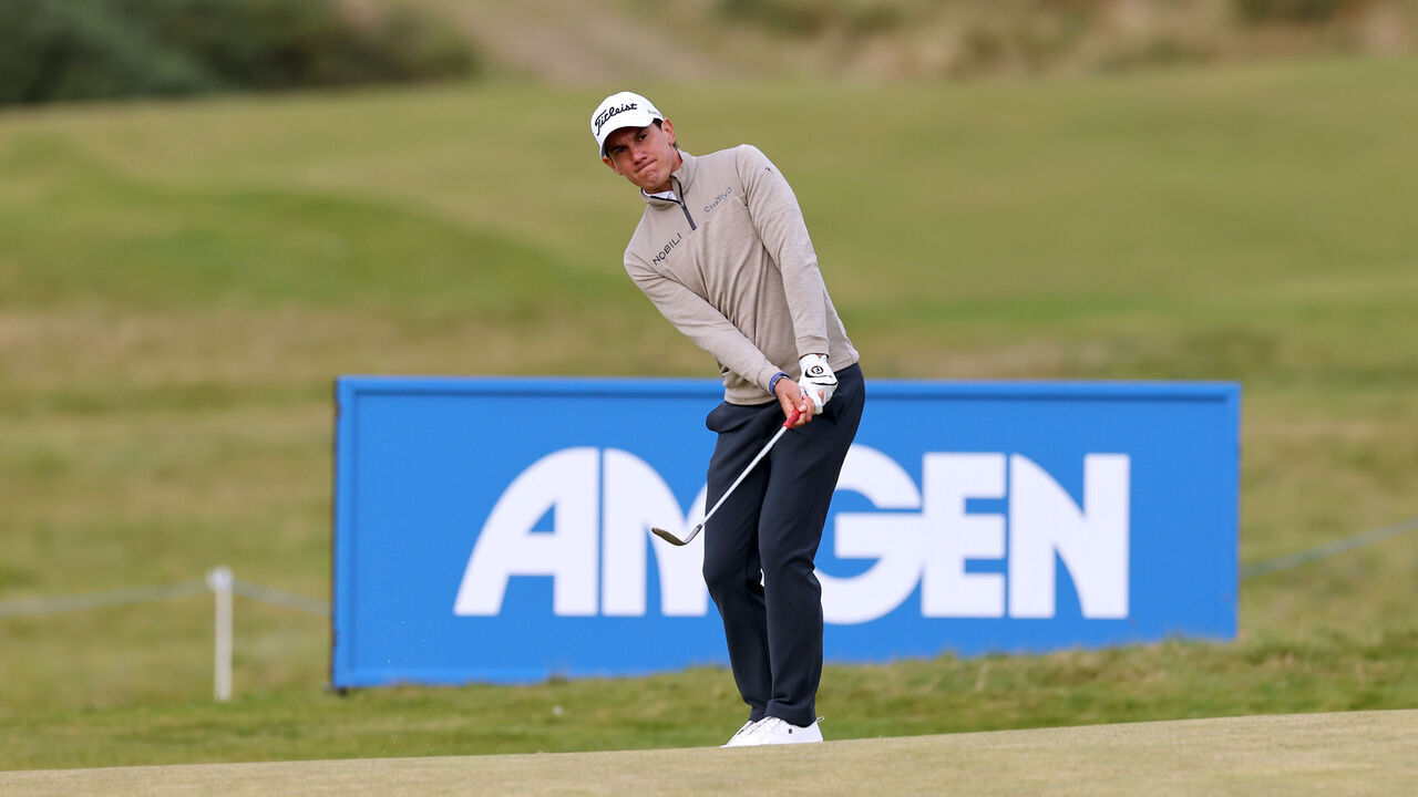 NEWCASTLE, NORTHERN IRELAND - SEPTEMBER 13: Matteo Manassero of Italy plays his third shot on the 17th hole during day two of the Amgen Irish Open 2024 at Royal County Down Golf Club on September 13, 2024 in Newcastle, Northern Ireland.