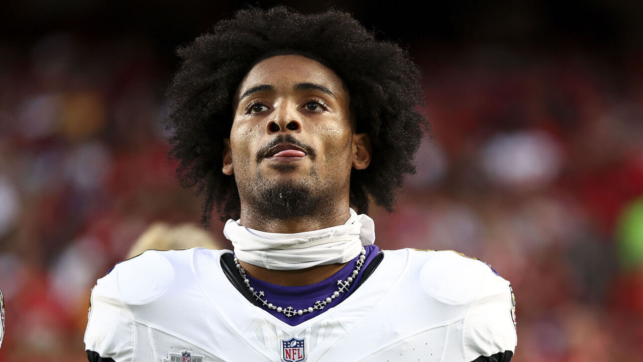 KANSAS CITY, MO - SEPTEMBER 5: Nate Wiggins #2 of the Baltimore Ravens stands in the end zone during the national anthem prior to an NFL football game against the Kansas City Chiefs at GEHA Field at Arrowhead Stadium on September 5, 2024 in Kansas City, Missouri.