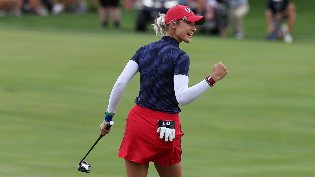 GAINESVILLE, VIRGINIA - SEPTEMBER 13: Nelly Korda of Team United States react after winning their match on the 14th hole during the Friday Fourball matches against Team Europe during the first round of the Solheim Cup 2024 at Robert Trent Jones Golf Club on September 13, 2024 in Gainesville, Virginia.