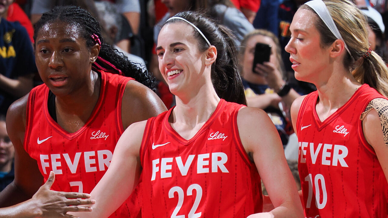 INDIANAPOLIS, IN - SEPTEMBER 13: Caitlin Clark #22 of the Indiana Fever celebrates during the game against the Las Vegas Aces on September 13, 2024 at Gainbridge Fieldhouse in Indianapolis, Indiana. Mandatory Copyright Notice: Copyright 2024 NBAE