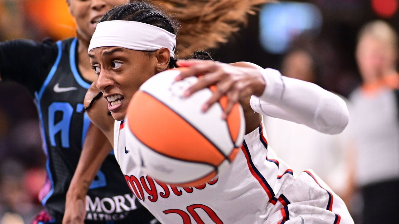 ATLANTA, GA - September 13: Brittney Sykes #20 of the Washington Mystics handles the ball during the game against the Atlanta Dream on September 13, 2024 at Gateway Center Arena at College Park in Atlanta, Georgia. Mandatory Copyright Notice: Copyright 2024 NBAE