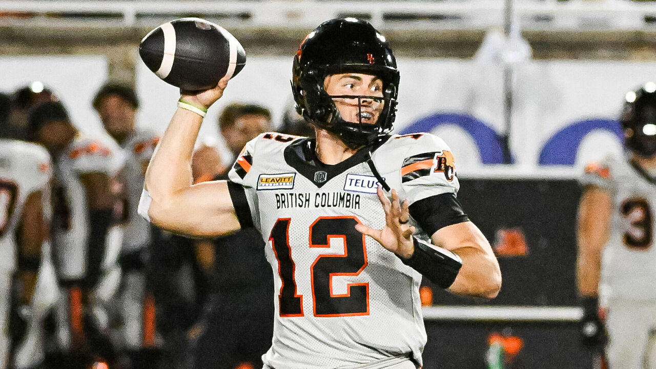 MONTREAL, QC - SEPTEMBER 06: BC Lions quarterback Nathan Rourke (12) passes the ball during the BC Lions versus the Montreal Alouettes game on September 06, 2024, at Percival Molson Memorial Stadium in Montreal, QC