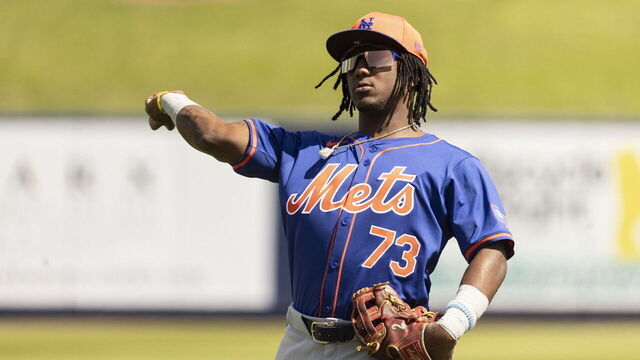 West Palm Beach, FL.: New York Mets second baseman Luisangel Acuna throwing a baseball during a spring training game against the Washington Nationals, on February 26, 2024, in West Palm Beach, Florida.