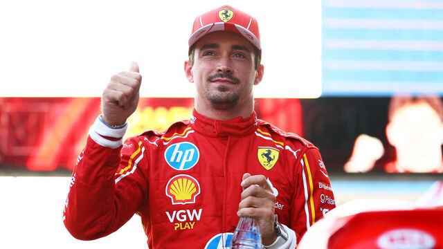 BAKU, AZERBAIJAN - SEPTEMBER 14: Pole position qualifier Charles Leclerc of Monaco and Ferrari celebrates in parc ferme during qualifying ahead of the F1 Grand Prix of Azerbaijan at Baku City Circuit on September 14, 2024 in Baku, Azerbaijan.