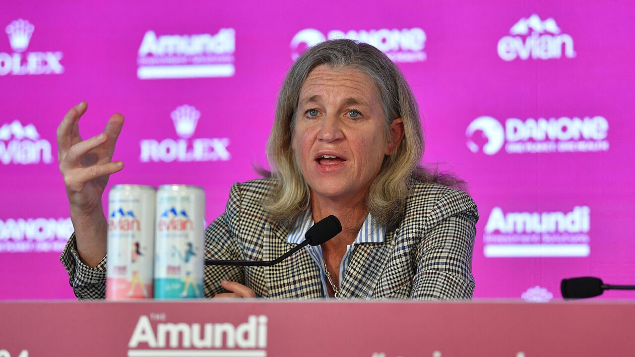 EVIAN-LES-BAINS, FRANCE - JULY 10: Mollie Marcoux Samaan, LPGA commissioner talks to the media prior to the Amundi Evian Championship at Evian Resort Golf Club on July 10, 2024 in Evian-les-Bains, France.