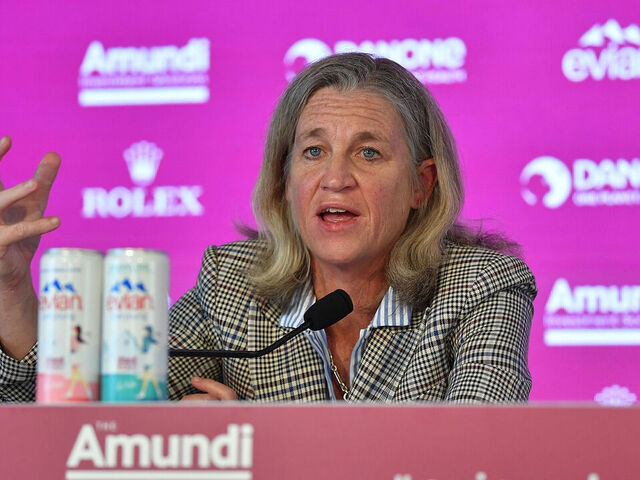 EVIAN-LES-BAINS, FRANCE - JULY 10: Mollie Marcoux Samaan, LPGA commissioner talks to the media prior to the Amundi Evian Championship at Evian Resort Golf Club on July 10, 2024 in Evian-les-Bains, France.