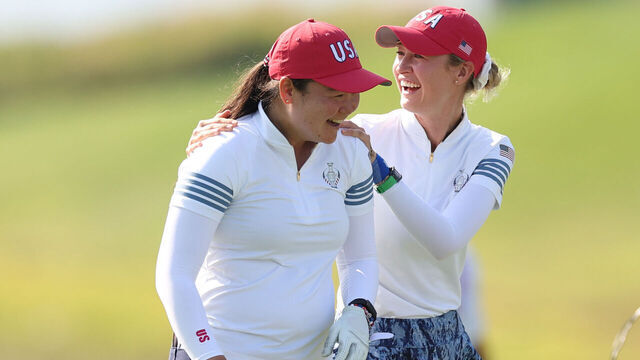 GAINESVILLE, VIRGINIA - SEPTEMBER 14: Allisen Corpuz and Nelly Korda of Team United States react to her putt on the 14th green during the Saturday Foursomes matches against Team Europe during the second round of the Solheim Cup 2024 at Robert Trent Jones Golf Club on September 14, 2024 in Gainesville, Virginia.