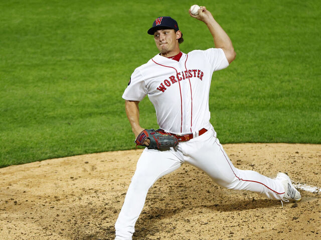 Worcester, MA - August 13: Worcester Red Sox pitcher Zach Penrod pitches to the Lehigh Valley IronPigs during the seventh inning at Polar Park.