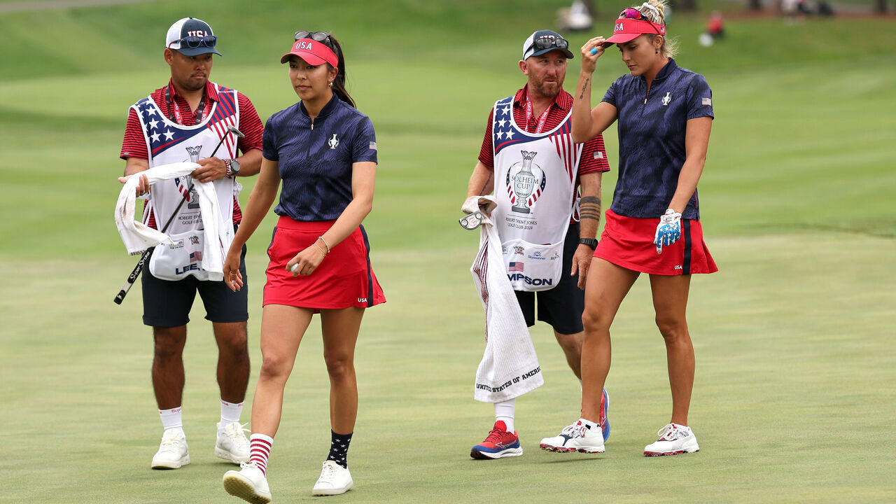 GAINESVILLE, VIRGINIA - SEPTEMBER 13: Lexi Thompson and Alison Lee of Team United States on the second green during the Friday Fourball matches against Team Europe during the first round of the Solheim Cup 2024 at Robert Trent Jones Golf Club on September 13, 2024 in Gainesville, Virginia.
