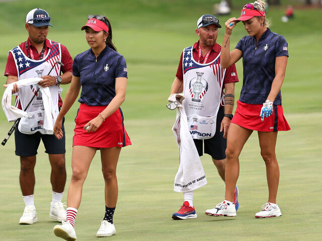 GAINESVILLE, VIRGINIA - SEPTEMBER 13: Lexi Thompson and Alison Lee of Team United States on the second green during the Friday Fourball matches against Team Europe during the first round of the Solheim Cup 2024 at Robert Trent Jones Golf Club on September 13, 2024 in Gainesville, Virginia.