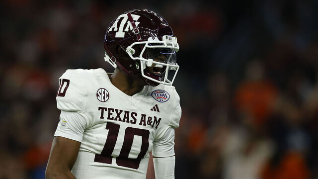 HOUSTON, TEXAS - DECEMBER 27: Marcel Reed #10 of the Texas A&M Aggies celebrates against the Oklahoma State Cowboys during the second half of the TaxAct Texas Bowl at NRG Stadium on December 27, 2023 in Houston, Texas.