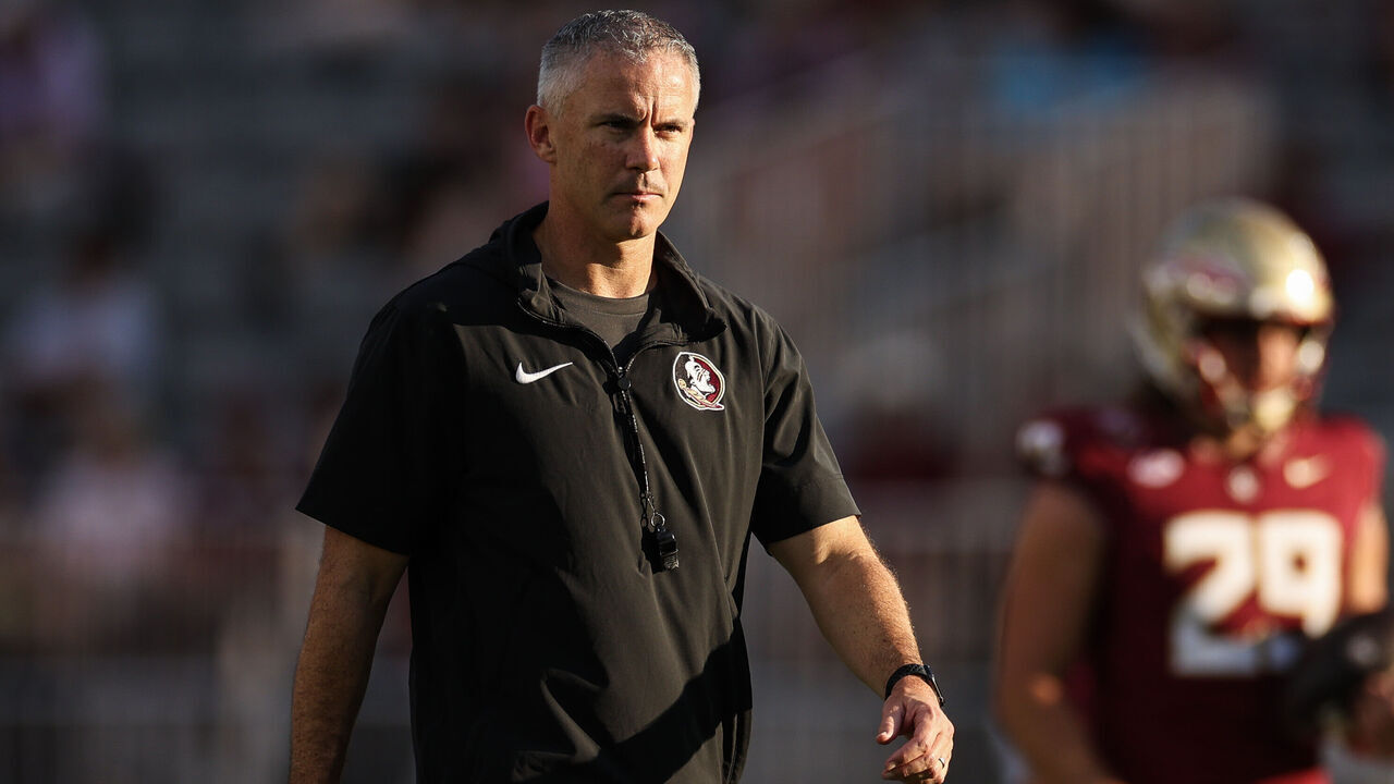 TALLAHASSEE, FLORIDA - SEPTEMBER 02: Head coach Mike Norvell of the Florida State Seminoles looks on before the start of a game against the Boston College Eagles at Doak Campbell Stadium on September 02, 2024 in Tallahassee, Florida.