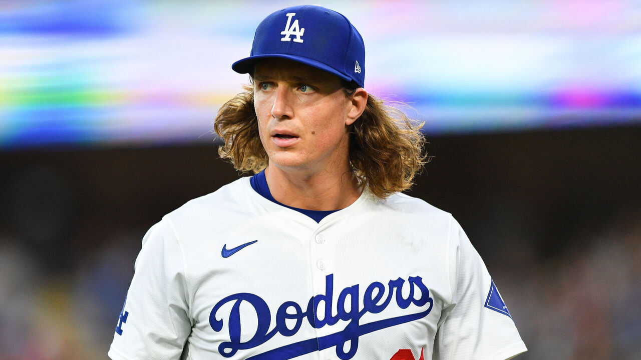 LOS ANGELES, CA - AUGUST 05: Los Angeles Dodgers Pitcher Tyler Glasnow (31) looks on during the MLB game between the Philadelphia Phillies and the Los Angeles Dodgers on August 5, 2024 at Dodger Stadium in Los Angeles, CA.