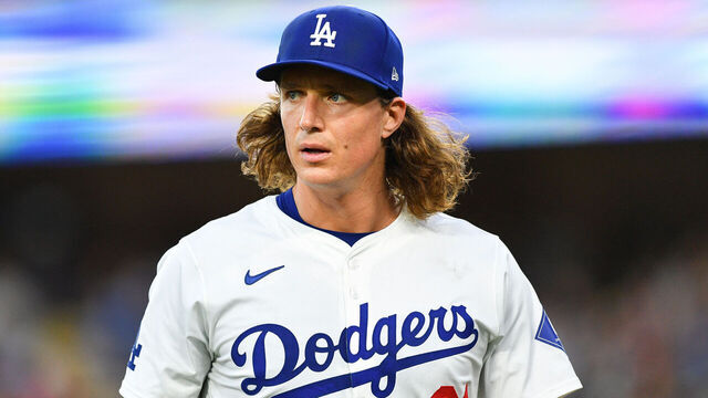 LOS ANGELES, CA - AUGUST 05: Los Angeles Dodgers Pitcher Tyler Glasnow (31) looks on during the MLB game between the Philadelphia Phillies and the Los Angeles Dodgers on August 5, 2024 at Dodger Stadium in Los Angeles, CA.