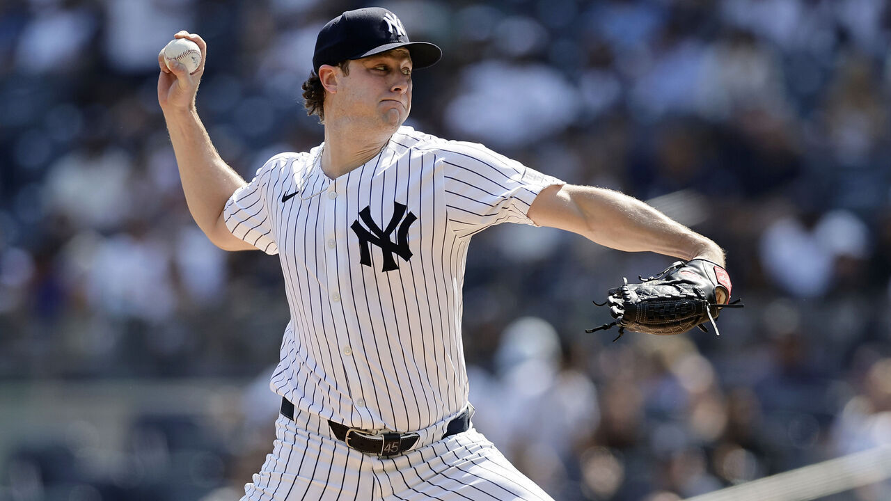 NEW YORK, NEW YORK - SEPTEMBER 14: Gerrit Cole #45 of the New York Yankees pitches during the first inning against the Boston Red Sox at Yankee Stadium on September 14, 2024 in New York City.
