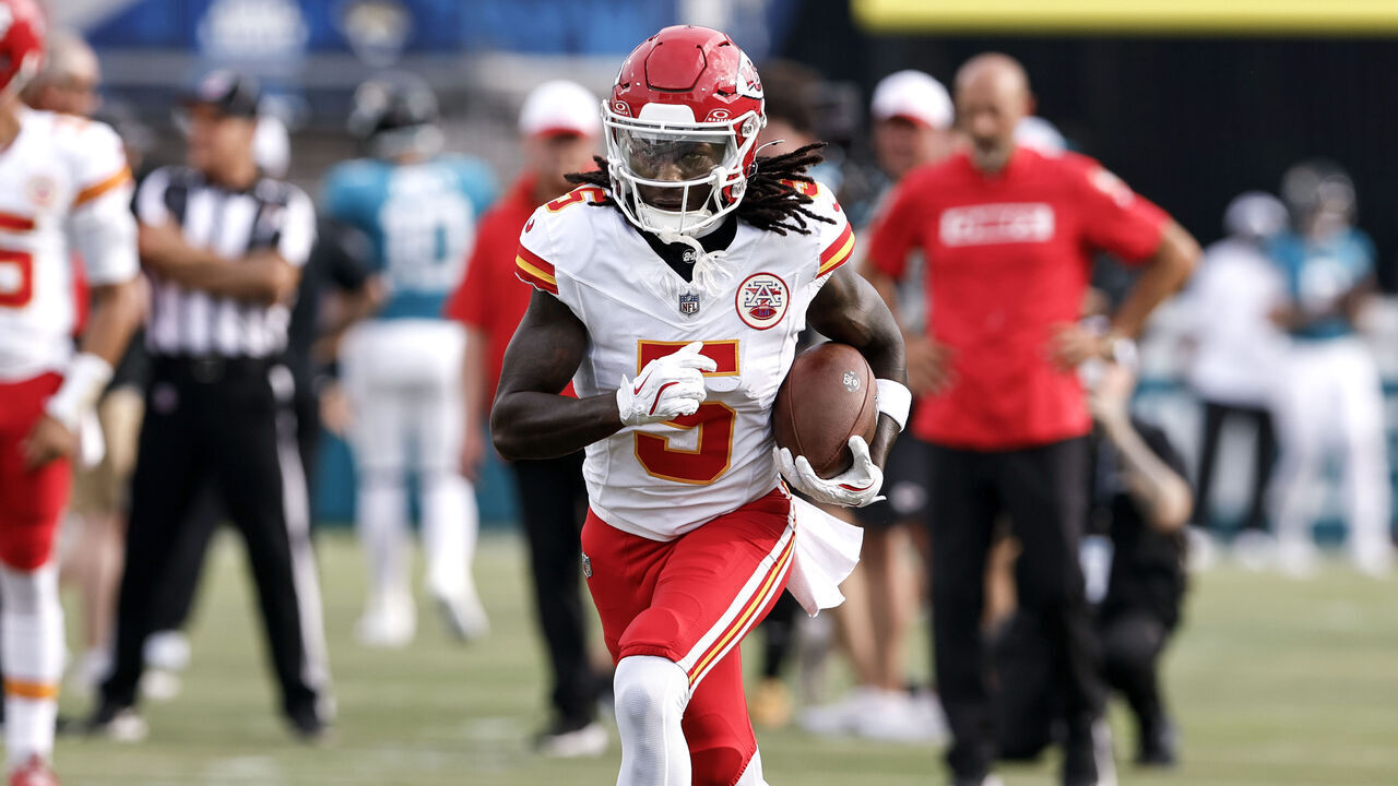 JACKSONVILLE, FL - AUGUST 10: Wide Receiver Hollywood Brown #5 of the Kansas City Chiefs warms up prior to a preseason game against the Jacksonville Jaguars at EverBank Stadium on August 10, 2024 in Jacksonville, Florida. The Jaguars defeated the Chiefs 26 to 13.