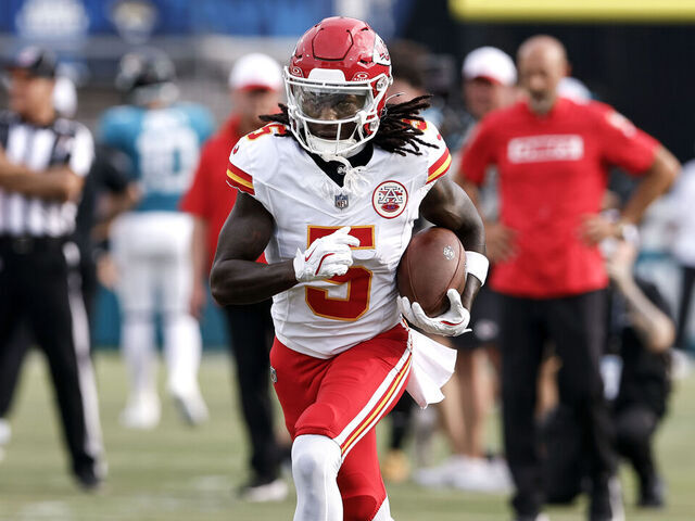 JACKSONVILLE, FL - AUGUST 10: Wide Receiver Hollywood Brown #5 of the Kansas City Chiefs warms up prior to a preseason game against the Jacksonville Jaguars at EverBank Stadium on August 10, 2024 in Jacksonville, Florida. The Jaguars defeated the Chiefs 26 to 13.