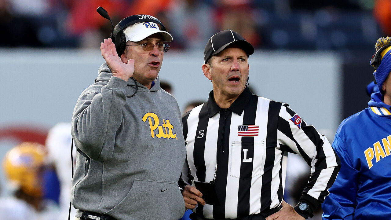 NEW YORK, NEW YORK - NOVEMBER 11: Head coach Pat Narduzzi of the Pittsburgh Panthers reacts during the first half against the Syracuse Orange at Yankee Stadium on November 11, 2023 in the Bronx borough of New York City.