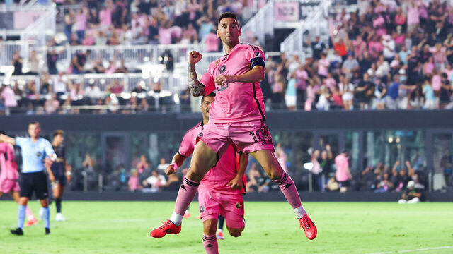 FORT LAUDERDALE, FLORIDA - SEPTEMBER 14: Lionel Messi #10 of Inter Miami celebrates after scoring a goal against the Philadelphia Union during the first half of the game at Chase Stadium on September 14, 2024 in Fort Lauderdale, Florida.