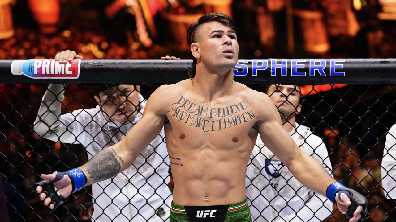 LAS VEGAS, NEVADA - SEPTEMBER 14: Diego Lopes of Brazil enters the Octagon in a featherweight fight during the UFC 306 at Riyadh Season Noche UFC event at Sphere on September 14, 2024 in Las Vegas, Nevada.
