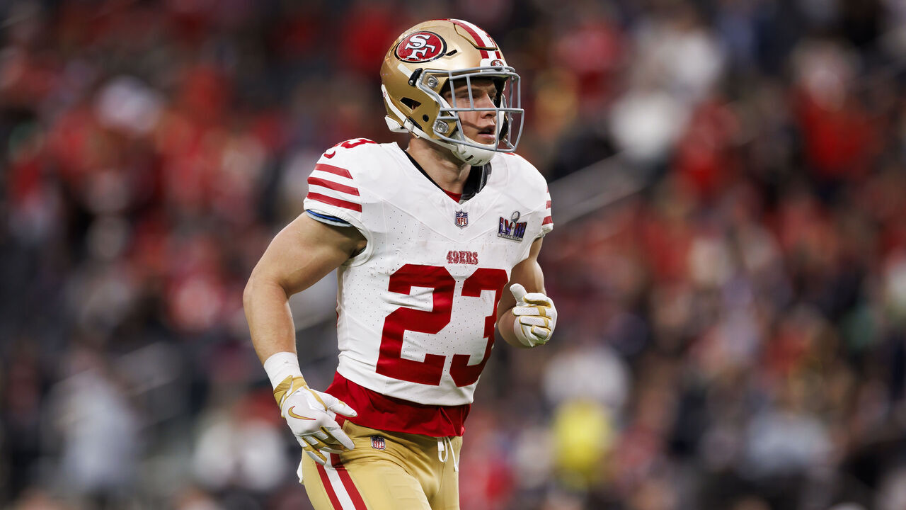 LAS VEGAS, NEVADA - FEBRUARY 11: Christian McCaffrey #23 of the San Francisco 49ers runs during pregame warmups before Super Bowl LVIII against the Kansas City Chiefs at Allegiant Stadium on February 11, 2024 in Las Vegas, Nevada.
