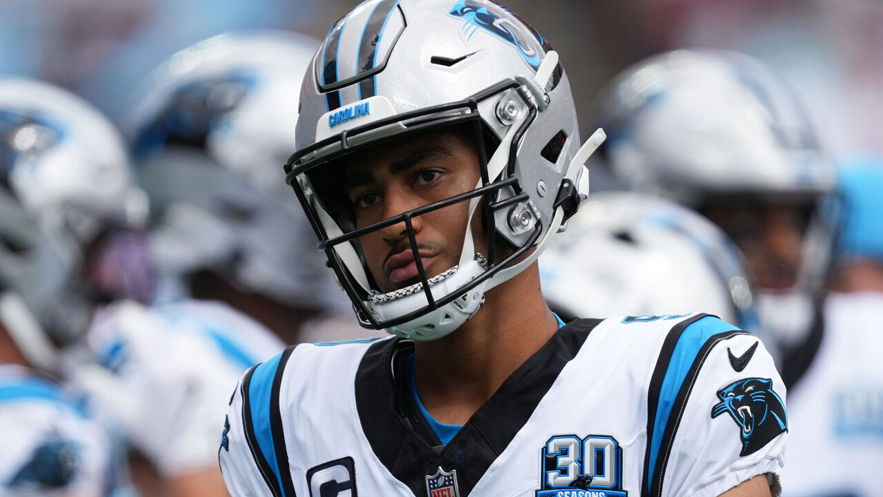 CHARLOTTE, NORTH CAROLINA - SEPTEMBER 15: Quarterback Bryce Young #9 of the Carolina Panthers looks on during the first quarter against the Los Angeles Chargers at Bank of America Stadium on September 15, 2024 in Charlotte, North Carolina.
