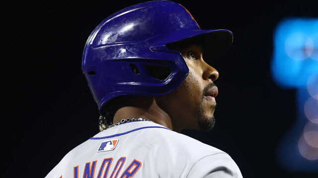 PHILADELPHIA, PENNSYLVANIA - SEPTEMBER 13: Francisco Lindor #12 of the New York Mets looks on during the fifth inning against the Philadelphia Phillies at Citizens Bank Park on September 13, 2024 in Philadelphia, Pennsylvania.
