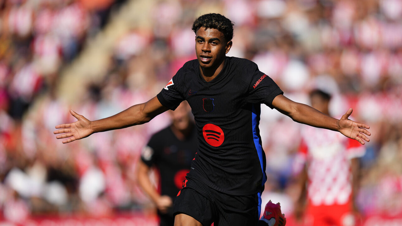 Lamine Yamal right wingerof Barcelona and Spain celebrates after scoring his sides first goal during the LaLiga match between Girona FC and FC Barcelona at Montilivi Stadium on September 15, 2024 in Girona, Spain.