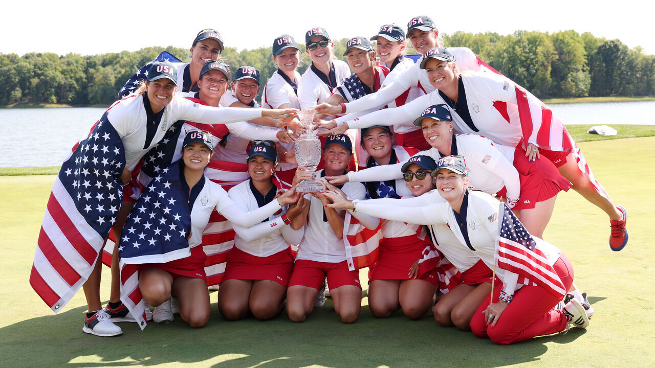GAINESVILLE, VIRGINIA - SEPTEMBER 15: Team United States poses for a group photo after winning the Solheim Cup during the Sunday Singles matches during the final round of the Solheim Cup 2024 at Robert Trent Jones Golf Club on September 15, 2024 in Gainesville, Virginia.