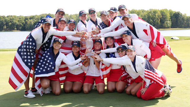 GAINESVILLE, VIRGINIA - SEPTEMBER 15: Team United States poses for a group photo after winning the Solheim Cup during the Sunday Singles matches during the final round of the Solheim Cup 2024 at Robert Trent Jones Golf Club on September 15, 2024 in Gainesville, Virginia.