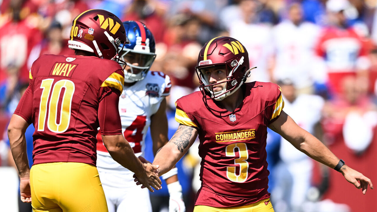 LANDOVER, MARYLAND - SEPTEMBER 15: Austin Seibert #3 of the Washington Commanders reacts after a during the second quarter against the New York Giants at Northwest Stadium on September 15, 2024 in Landover, Maryland.