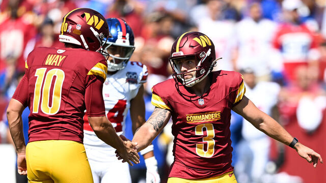 LANDOVER, MARYLAND - SEPTEMBER 15: Austin Seibert #3 of the Washington Commanders reacts after a during the second quarter against the New York Giants at Northwest Stadium on September 15, 2024 in Landover, Maryland.
