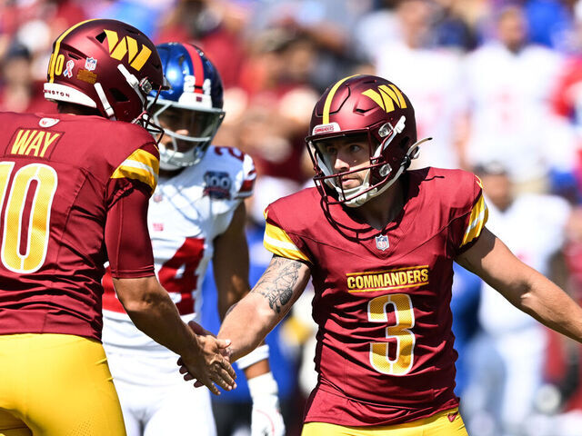 LANDOVER, MARYLAND - SEPTEMBER 15: Austin Seibert #3 of the Washington Commanders reacts after a during the second quarter against the New York Giants at Northwest Stadium on September 15, 2024 in Landover, Maryland.