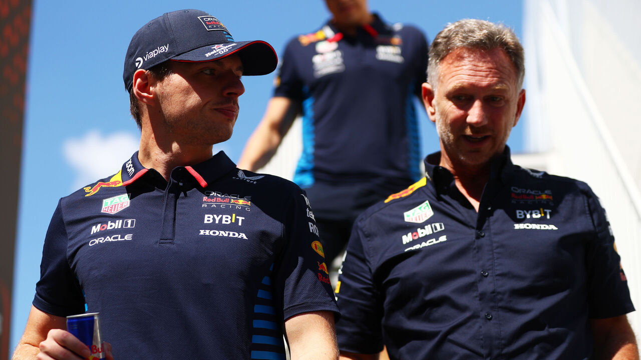 BAKU, AZERBAIJAN - SEPTEMBER 15: Max Verstappen of the Netherlands and Oracle Red Bull Racing and Oracle Red Bull Racing Team Principal Christian Horner talk in the Paddock prior to the F1 Grand Prix of Azerbaijan at Baku City Circuit on September 15, 2024 in Baku, Azerbaijan.