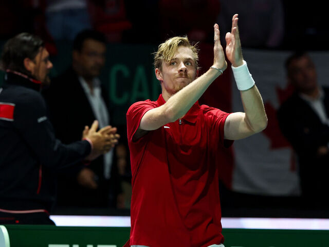 MANCHESTER, ENGLAND - SEPTEMBER 15: Denis Shapovalov of Canada thanks the crowd after he beat Dan Evans of Great Britain in their 2024 Davis Cup Finals Group D match at the AO Arena on September 15, 2024 in Manchester, England.