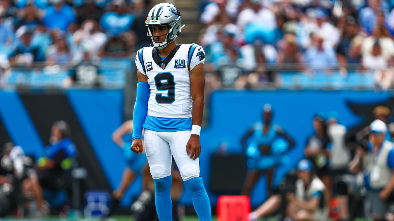 CHARLOTTE, NC - SEPTEMBER 15: Bryce Young #9 of the Carolina Panthers looks on during a football game against the Los Angeles Chargers at Bank of America Stadium on September 15, 2024 in Charlotte, North Carolina.