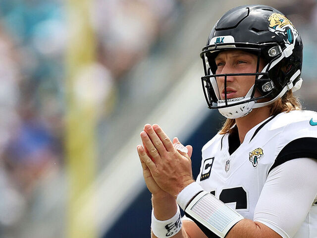 JACKSONVILLE, FLORIDA - SEPTEMBER 15: Trevor Lawrence #16 of the Jacksonville Jaguars reacts during the second quarter against the Cleveland Browns at TrEver Bank Stadium on September 15, 2024 in Jacksonville, Florida.