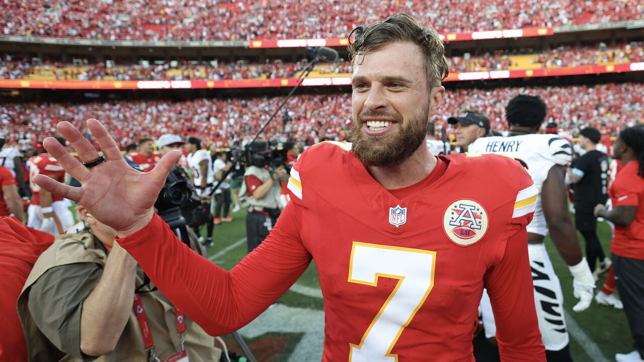 KANSAS CITY, MISSOURI - SEPTEMBER 15: Harrison Butker #7 of the Kansas City Chiefs celebrates after defeating the Cincinnati Bengals at GEHA Field at Arrowhead Stadium on September 15, 2024 in Kansas City, Missouri.