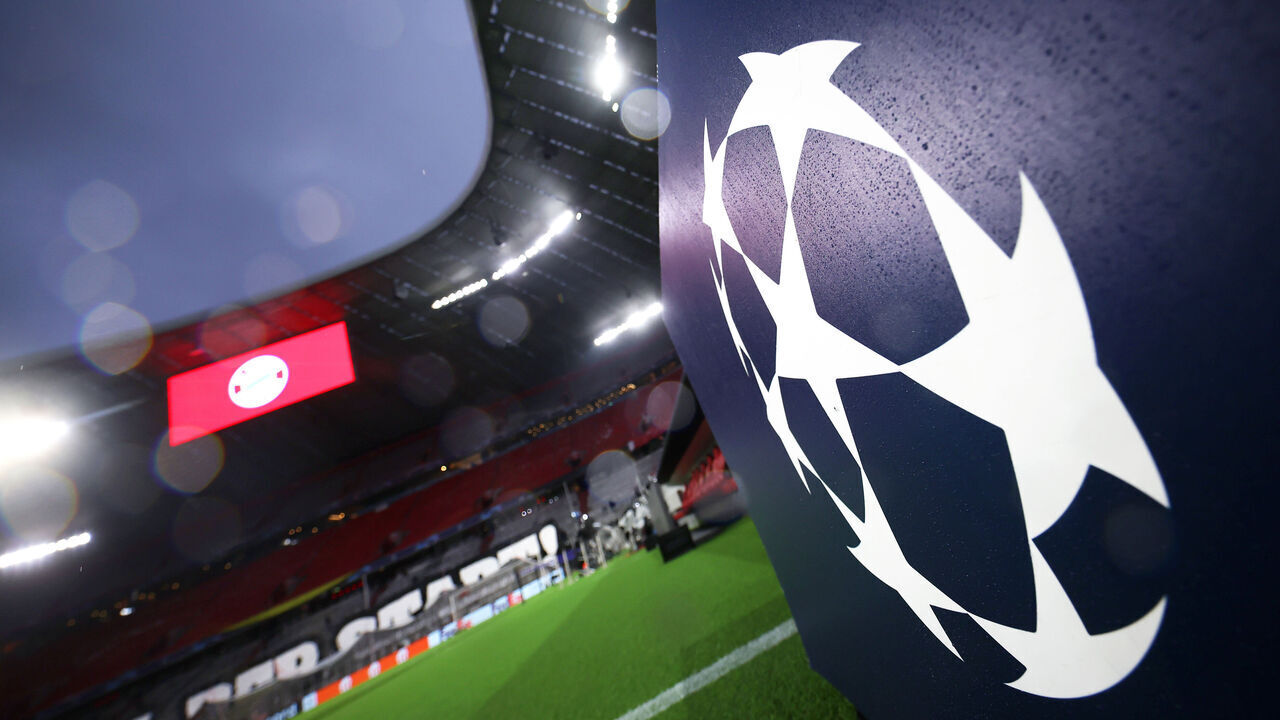 MUNICH, GERMANY - MARCH 05: General view inside the stadium as the UEFA Champions League logo is seen prior to the UEFA Champions League 2023/24 round of 16 second leg match between FC Bayern München and SS Lazio at Allianz Arena on March 05, 2024 in Munich, Germany.