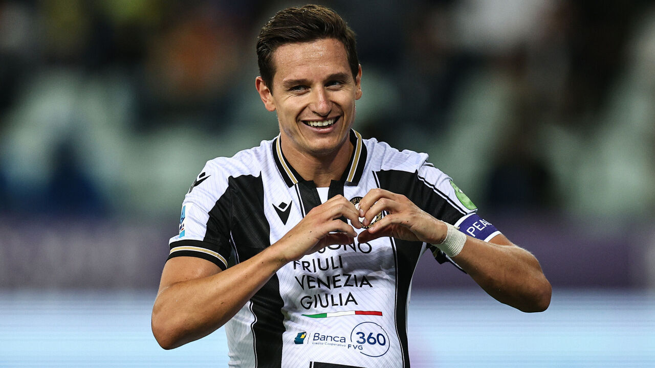 PARMA, ITALY - SEPTEMBER 16: Florian Thauvin of Udinese celebrates his goal during the Serie A match between Parma and Udinese at Stadio Ennio Tardini on September 16, 2024 in Parma, Italy.