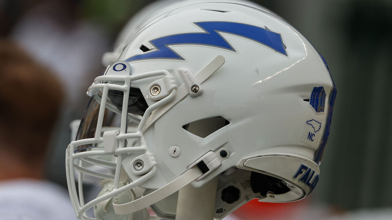 WACO, TX - SEPTEMBER 14: An Air Force helmets displays the lighting bolt logo before the college football game between Baylor Bears and Air Force Falcons on September 14, 2024, at McLane Stadium in Waco, TX.