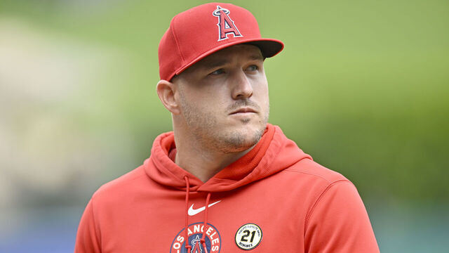 ANAHEIM, CA - SEPTEMBER 15: Mike Trout of the Los Angeles Angels before an MLB game between the Houston Astros and the Los Angeles Angels on September 15, 2024, at Angel Stadium in Anaheim, CA.